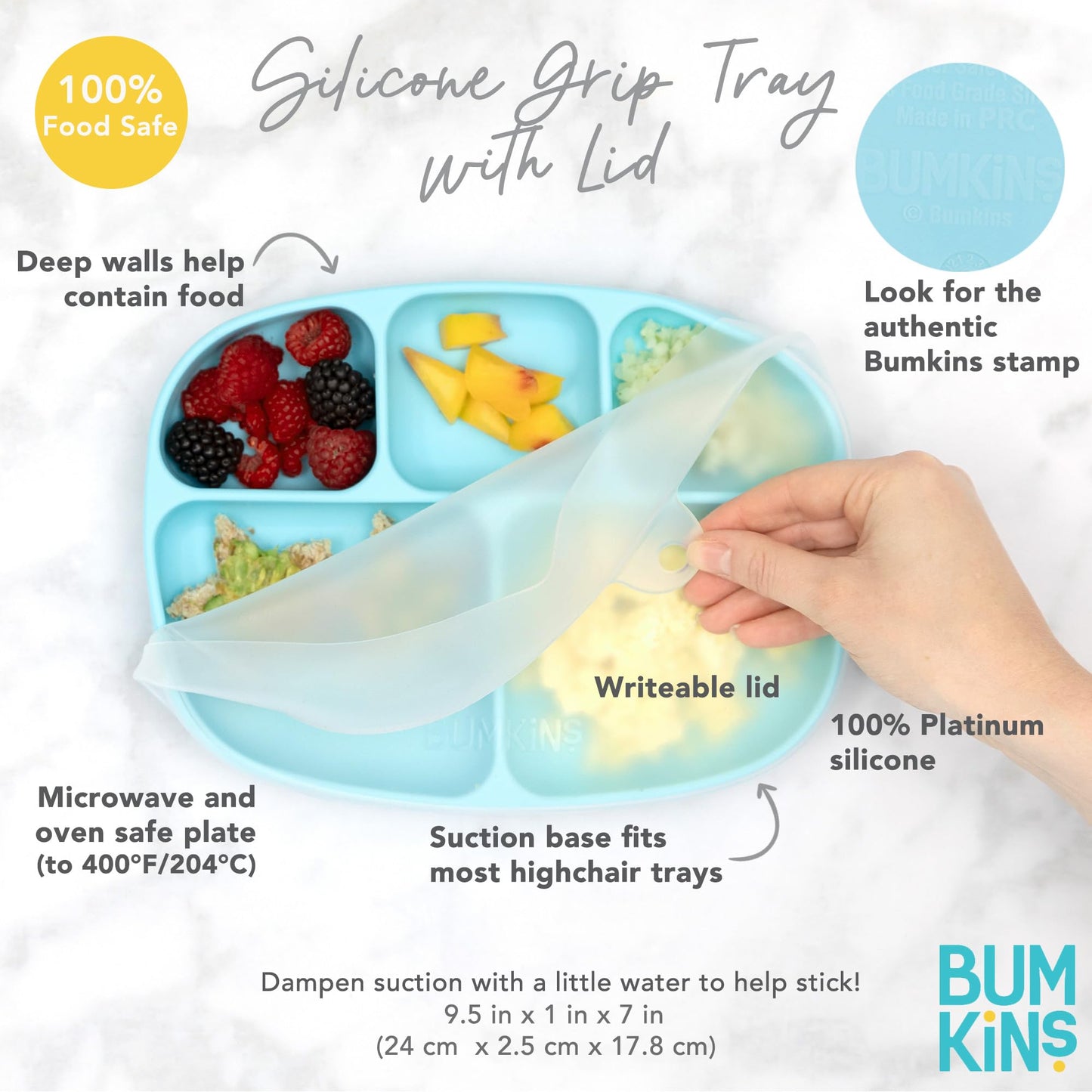 Bumkins Toddler And Baby Suction Plate, Silicone Divided Grip Dish And Lid, Large 5-Section Tray For Kids, Essentials In Childre