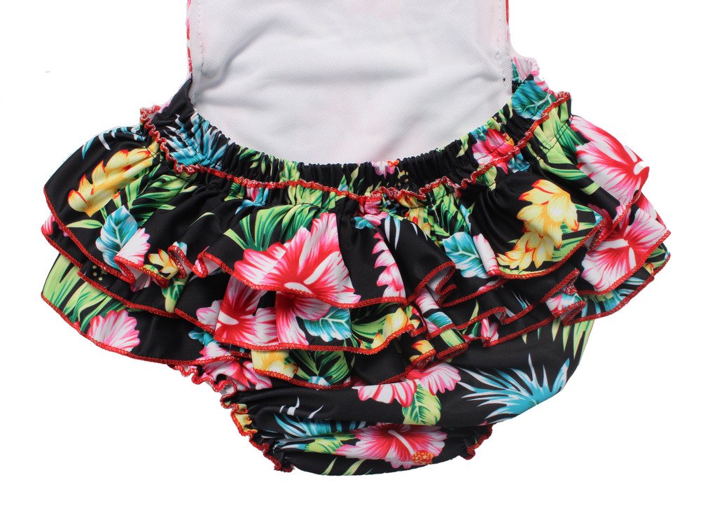 One Piece Redbub Floral Ruffles Rompers Bathing Suits Dress With Headband (Medium,Black)