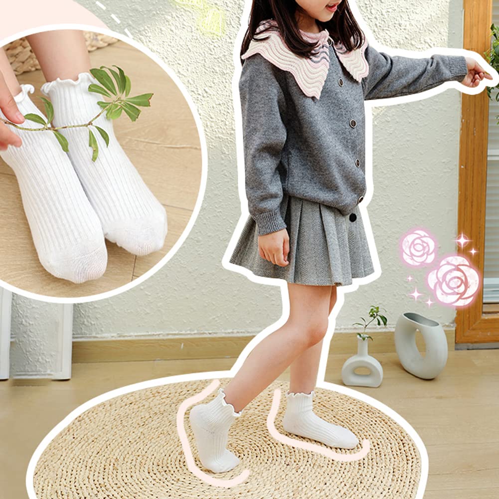 Zumou Toddler Anti Slip Non Skid Socks Baby Little Girls Frilly Ruffle 6 Pairs (1-2T, White 6 Pairs)