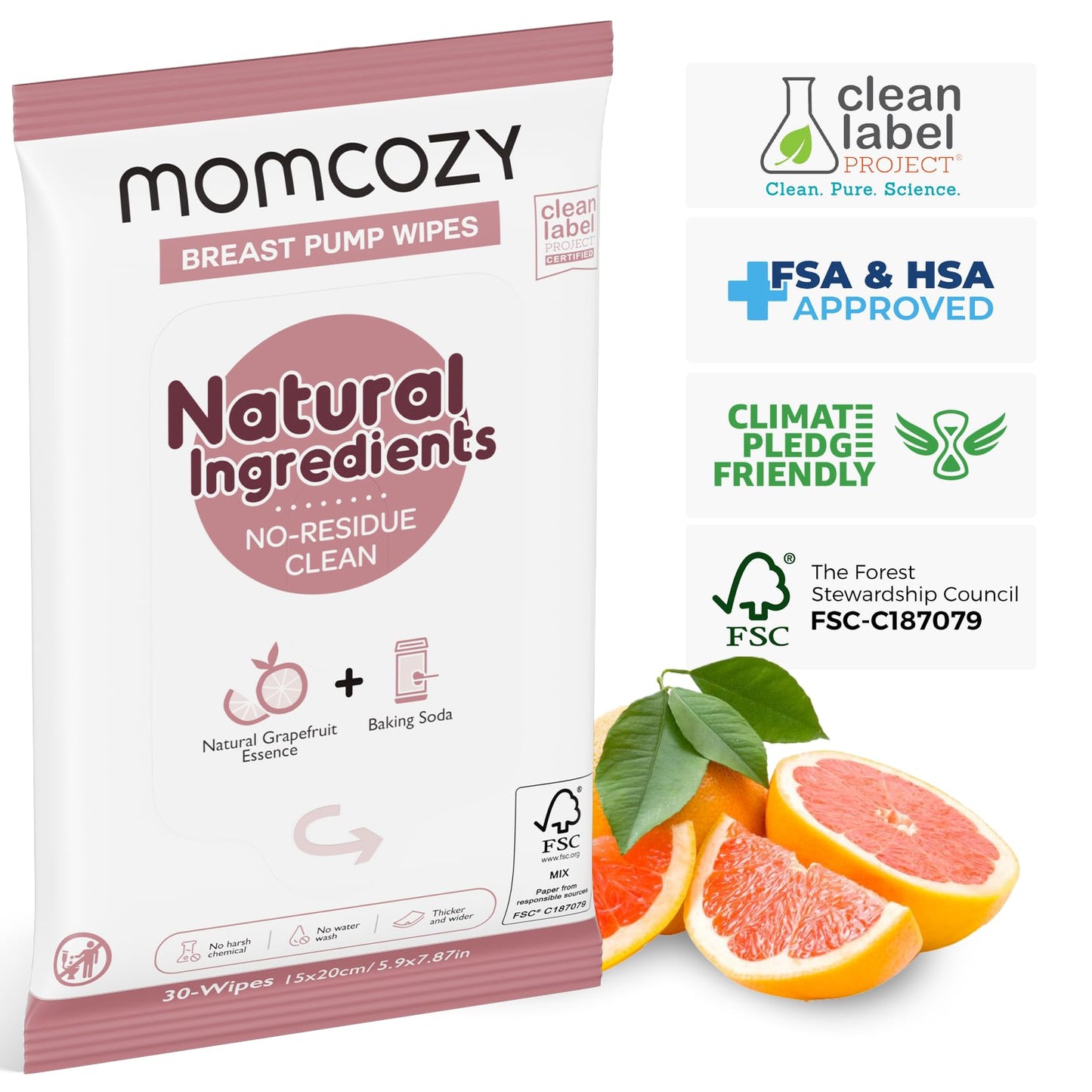 Momcozy Natural Breast Pump Wipes For Parts Cleaning On-The-Go, 30 Count, Flash Clean & Resealable