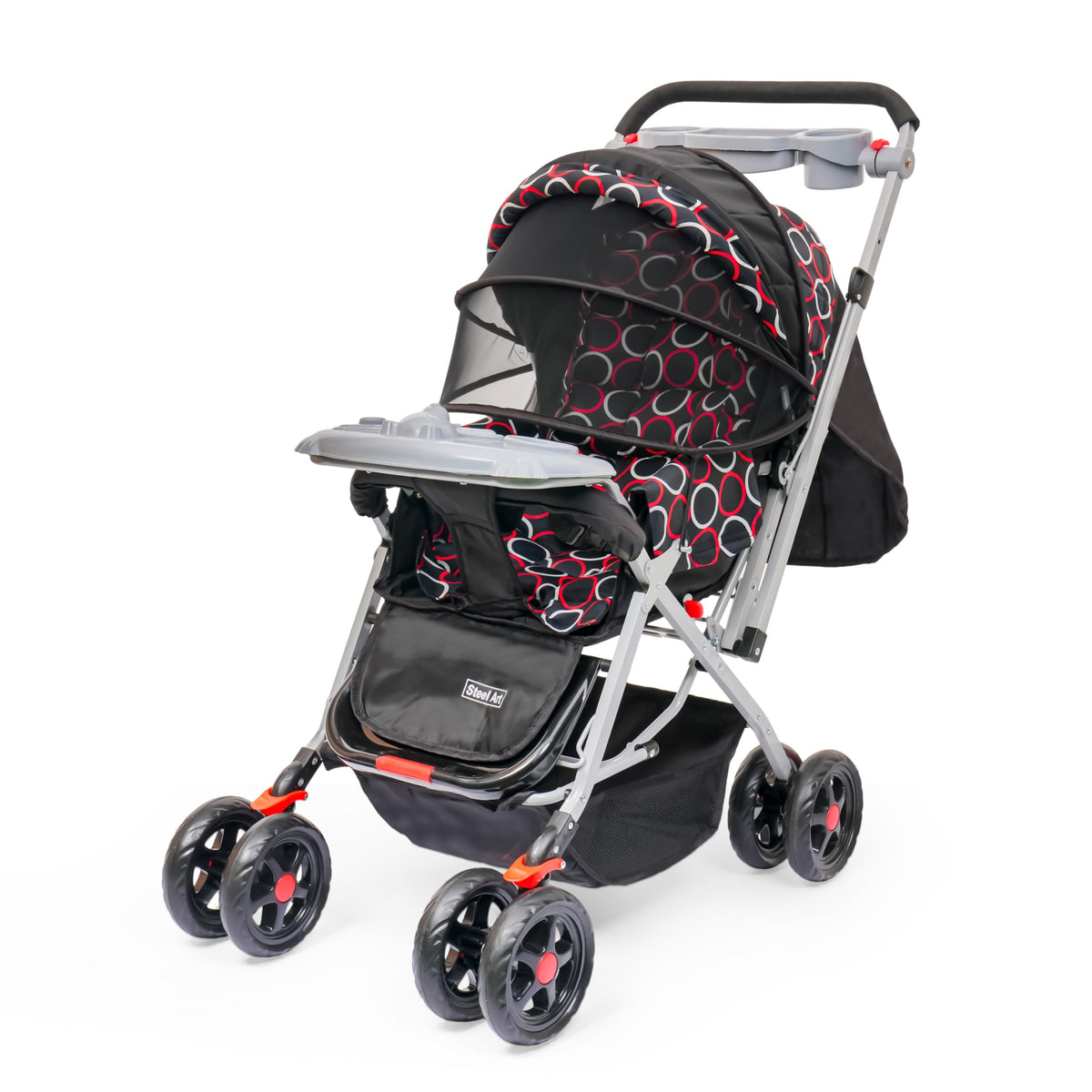 Steel Kit Baby Stroller, Black Mixcolour with Music Tray & LED Light. Lightweight Foldable Pram with Canopy, Parent Tray, Storag