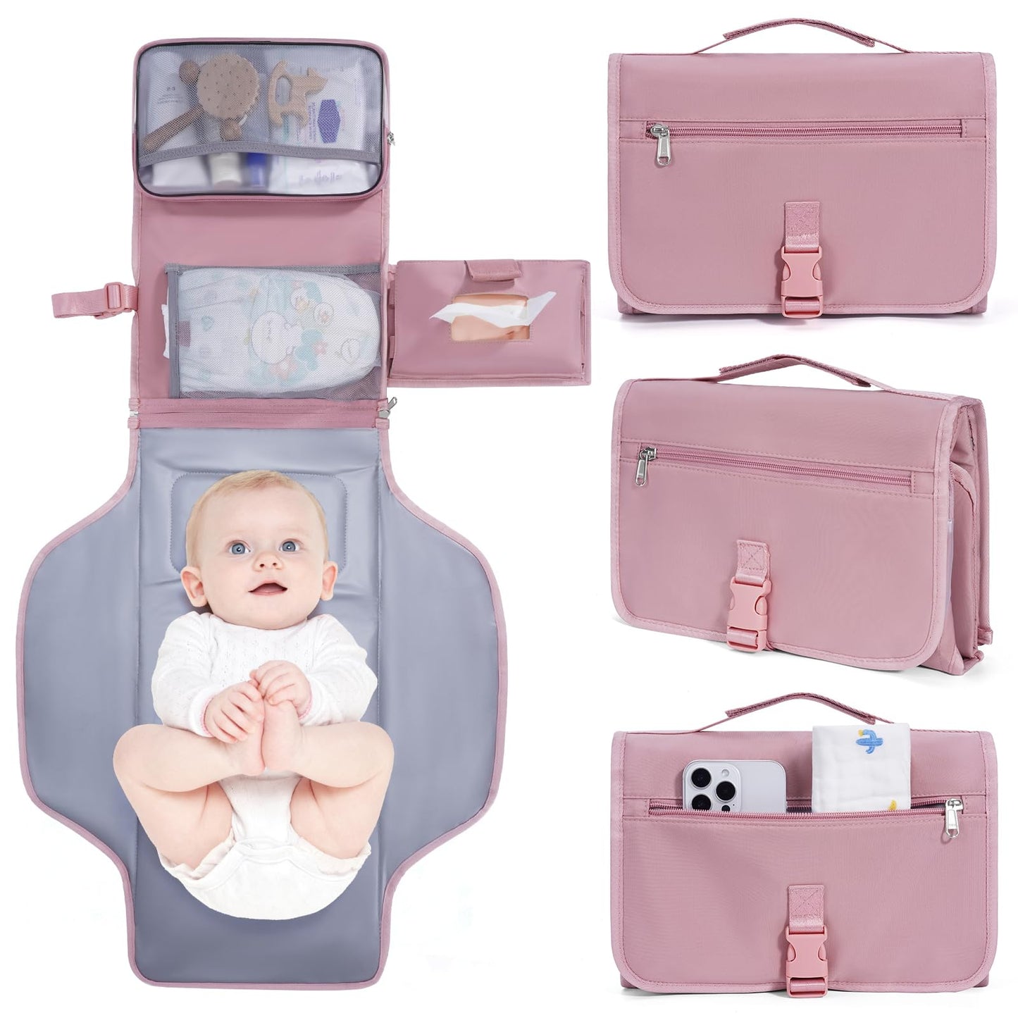 CEICEI Portable Diaper Changing Pad Waterproof Travel Baby Changing Mat with Large Wet/Dry Pocket & Elastic Wipes Pockets, Folda