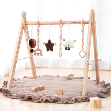 Razee Wooden Baby Play Gym Play Mat, Baby Gym With 6 Hanging Sensory Toys Foldable Baby Gym For Newborn Shower Gift