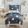 4 Pieces Toddler Bedding Set Space Theme For Baby Boys, Astronaut Planet Rocket Print On Black, Includes Comforter, Flat Sheet,