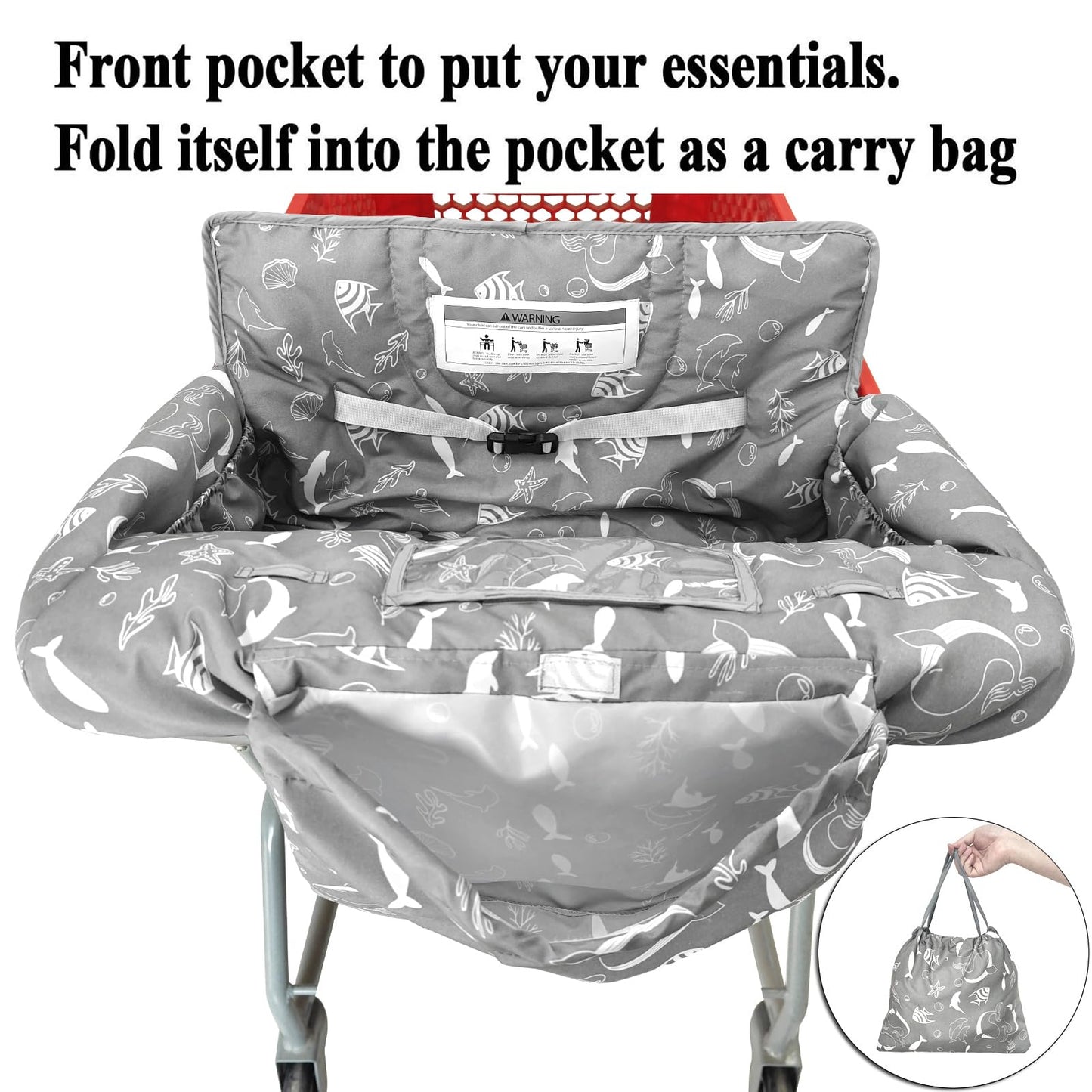 2-In-1 Shopping Cart And High Chair Cover For Baby, Padded Cover, Fold'N Roll Style, Portable With Carry Bag (Gray Seaworld)