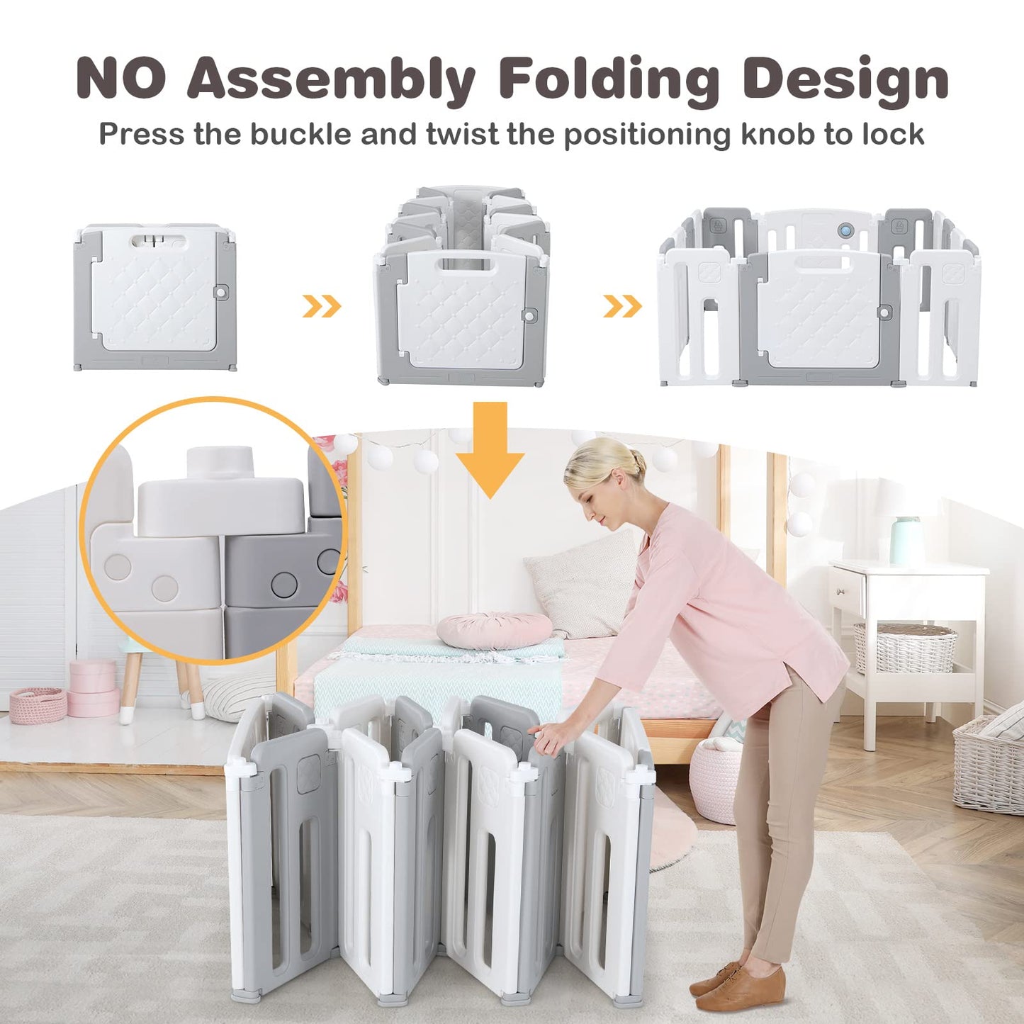 Costzon Baby Playpen, 14-Panel Extra Large Playpen For Babies And Toddlers, Foldable Activity Play Center With Safety Gate, Whit