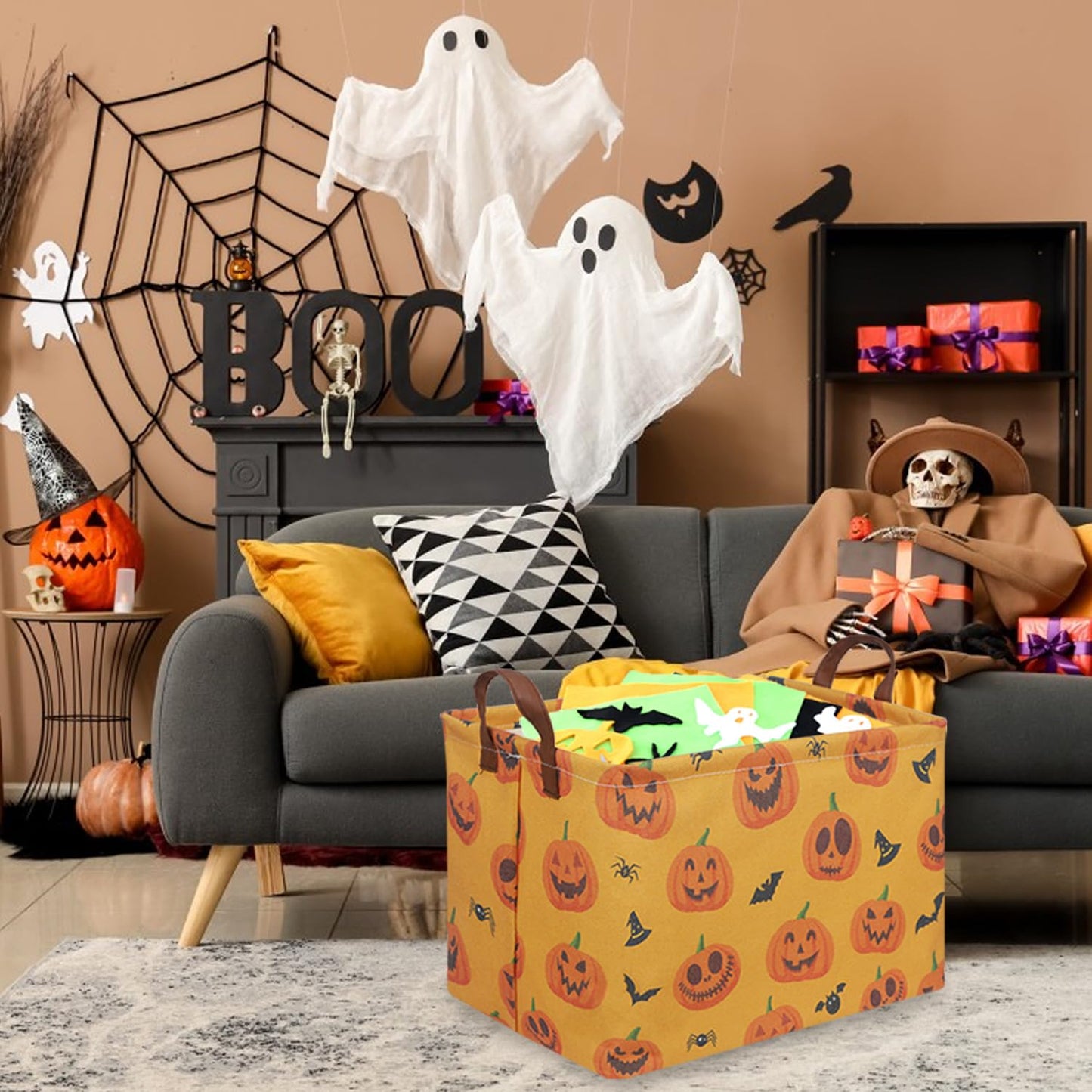 Fxocshe Rectangular Halloween Basket,Trick Or Treat Basket For Boys And Girls,Waterproof Collapsible Storage Box,Halloween Candy