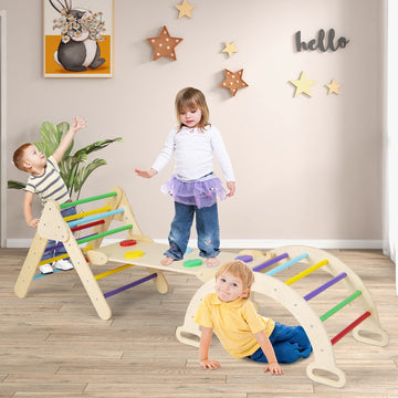 Olakids Climbing Toys For Toddlers 1-3 Inside, 5 In 1 Wood Foldable Pikler Triangle Set With Ramp Ladder Arch Slide, Baby Indoor