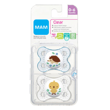 Mam Original Baby Pacifier, Nipple Shape Helps Promote Healthy Oral Development, Sterilizer Case, 2 Pack 0-6 Months, Clear/Boy
