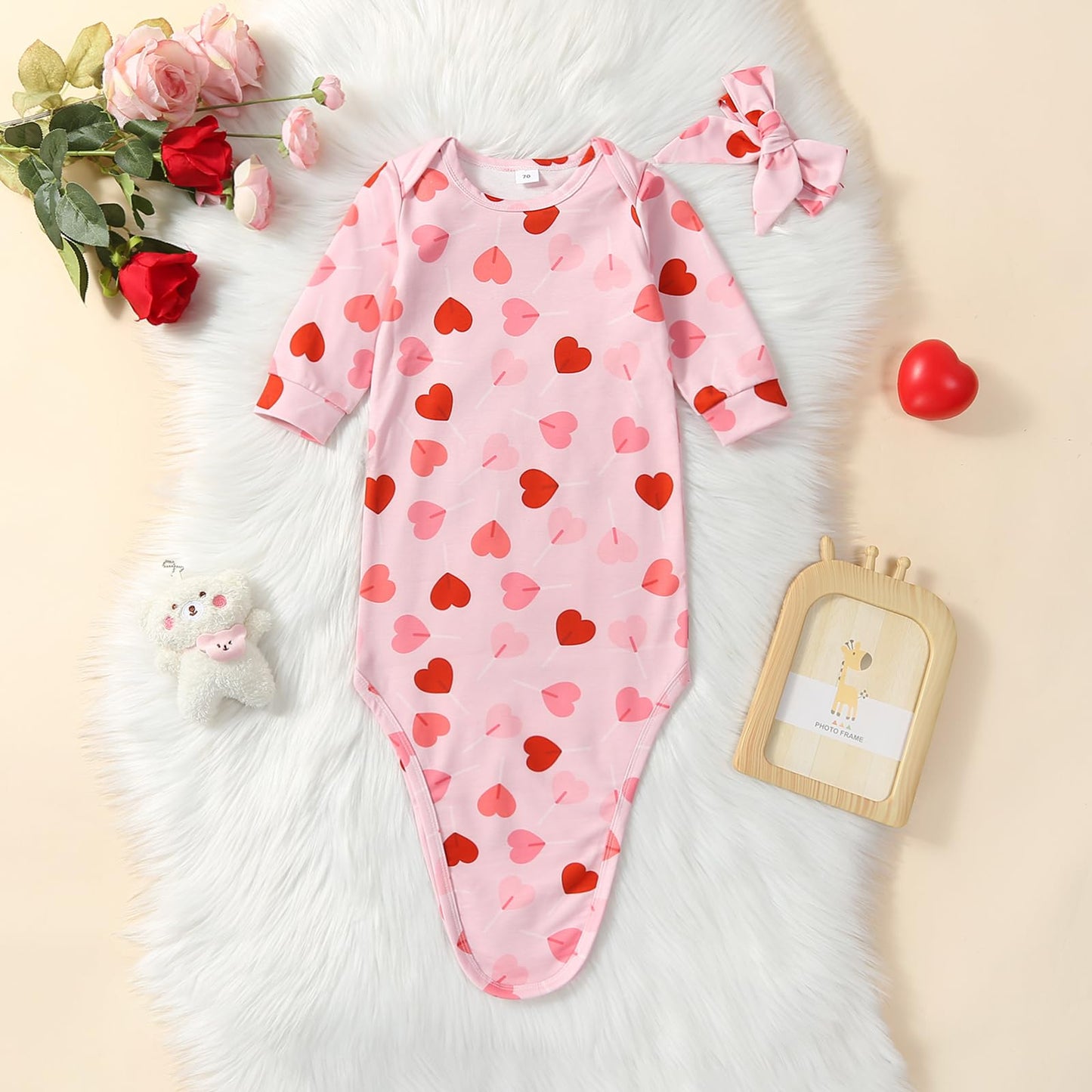 Infant Newborn Baby Girls Floral Sleep Gown Headband Sleepwear Romper Sleeping Bags Outfits (0-3 Months,Heart Lollipop)
