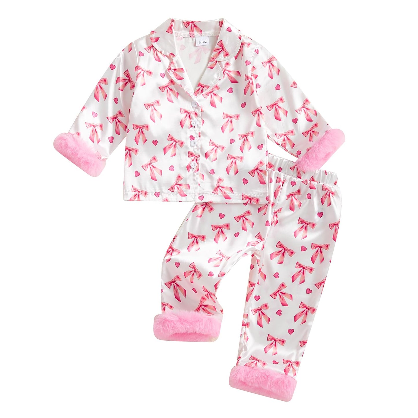 DuAnyozu Toddler Baby Girl Satin Valentines Pajamas Set Feather Trim Heart Print Little Girl Valentines Pjs Spring Clothes (Pink