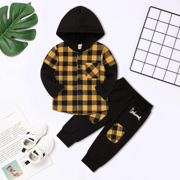 Fuermos Toddler Baby Boys Clothes Winter Flannel Plaid Long Sleeve Hoodie Sweatsuit Pants Outfits Set