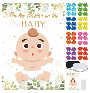 Sietdeseo Pin The Pacifier On The Baby Game - 48 Pcs Stickers, Large Eucalyptus Poster For Kids Birthday, Baby Shower Party Supp