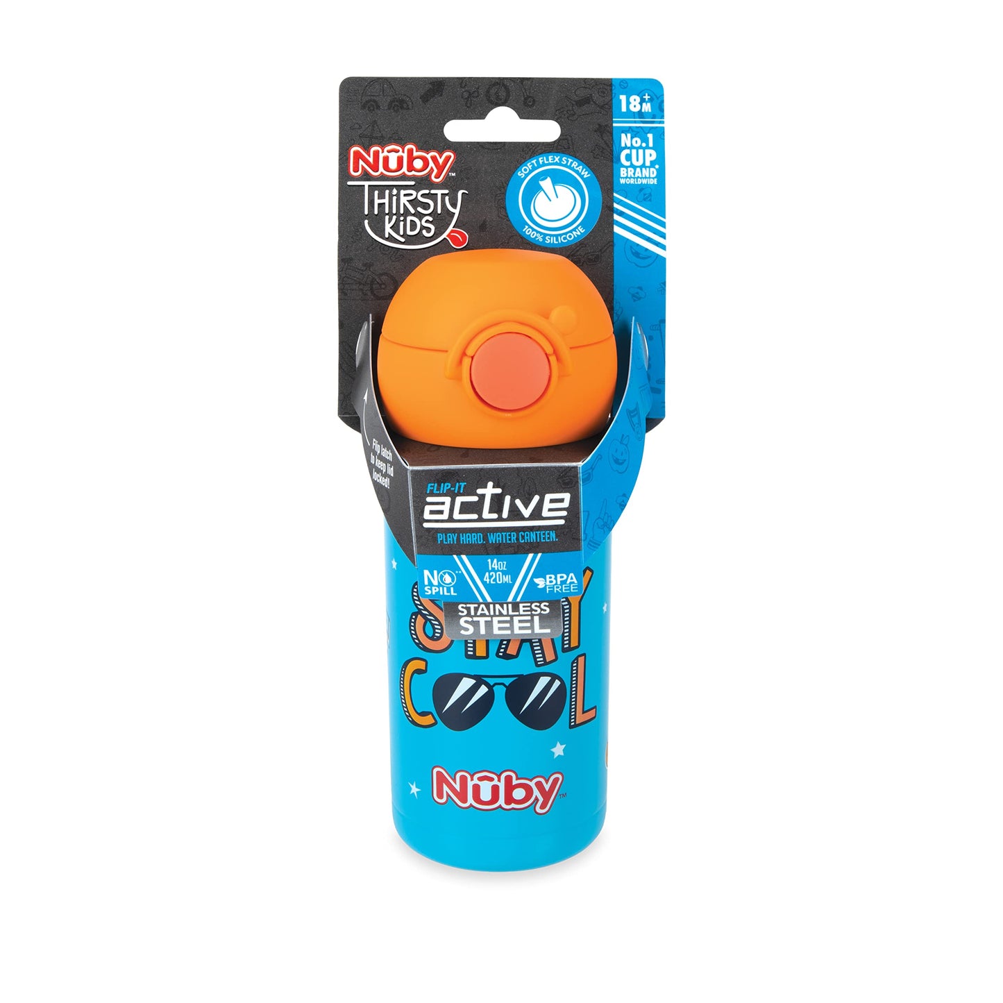 Nuby Thirsty Kids No Spill Flip-It Active Stainless Steel Travel Cup, 14 Oz, Stay Cool Print