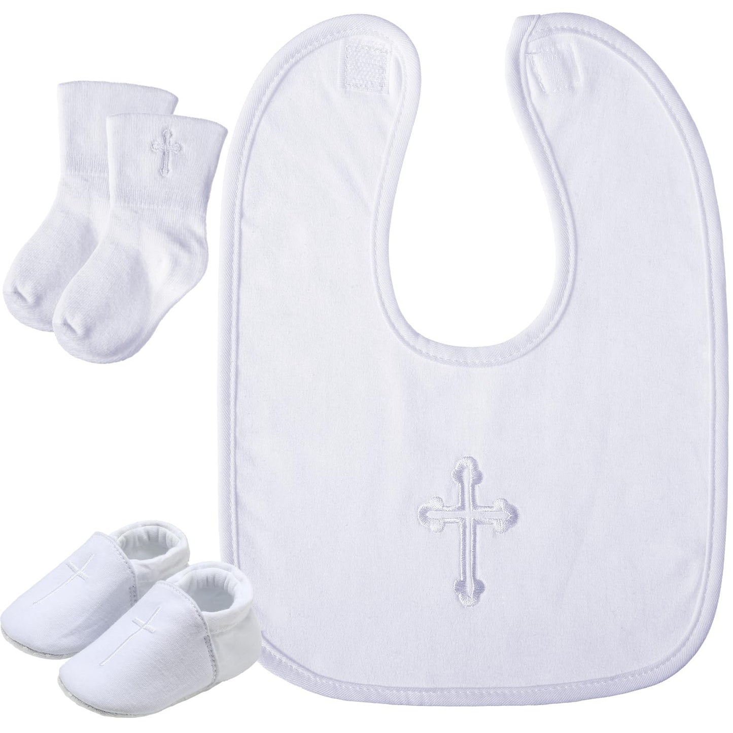 5 Pcs Baptism Gifts for Boys Girls Including White Embroidered Cross Bib Christening Shoes and Socks for Baby Infant Toddler Fir