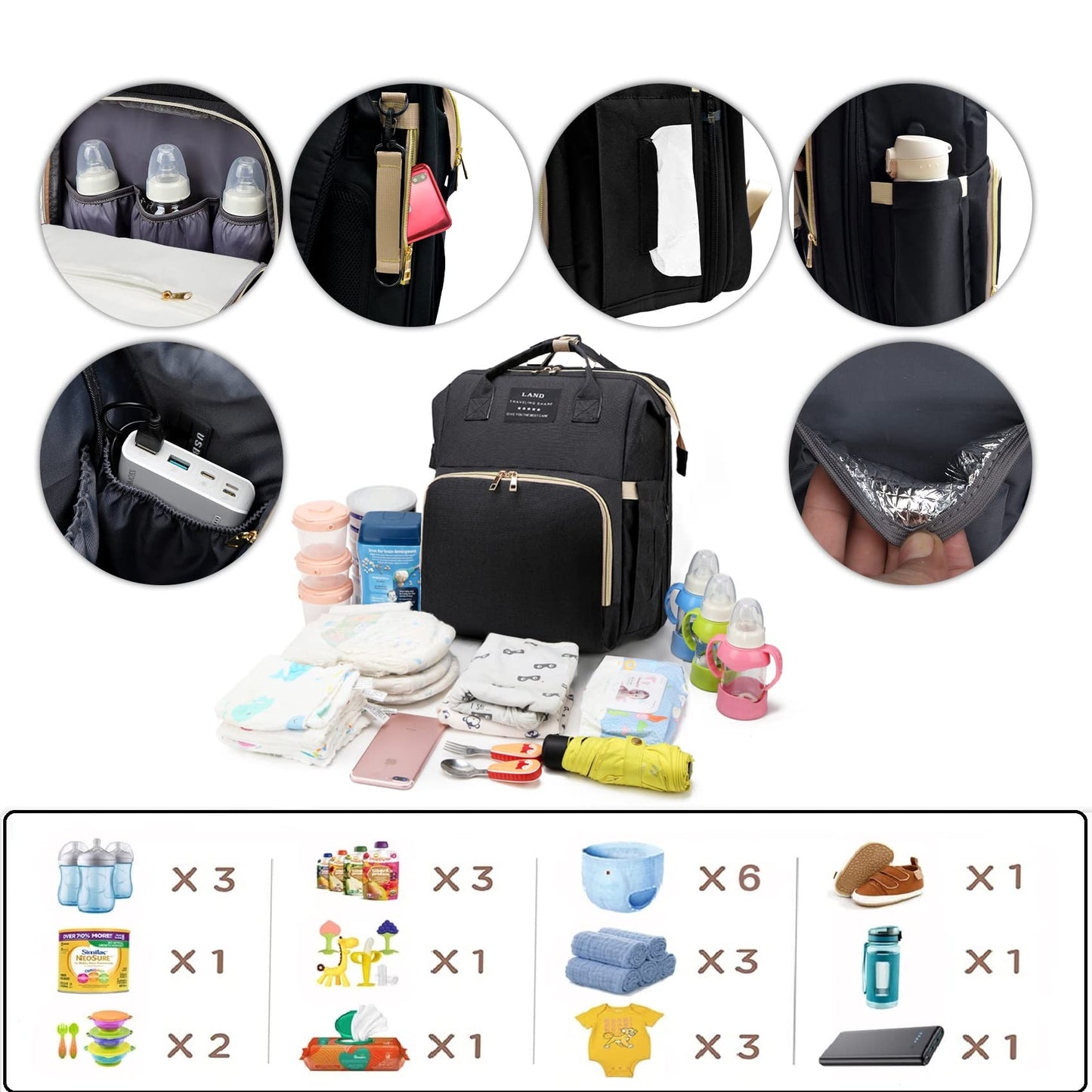 Anwtotu Diaper Bag With Changing Station,Diaper Bag Backpack,7 In 1 Travel Diaper Bag,Mommy Bag With Usb Charging Port (Black)