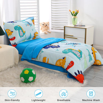 Wowelife 4 Pieces Toddler Bedding Sets For Boys Blue Toddler Bed Sheets Sets Kids Dino Toddler Comforter Set Soft Breathable Wit