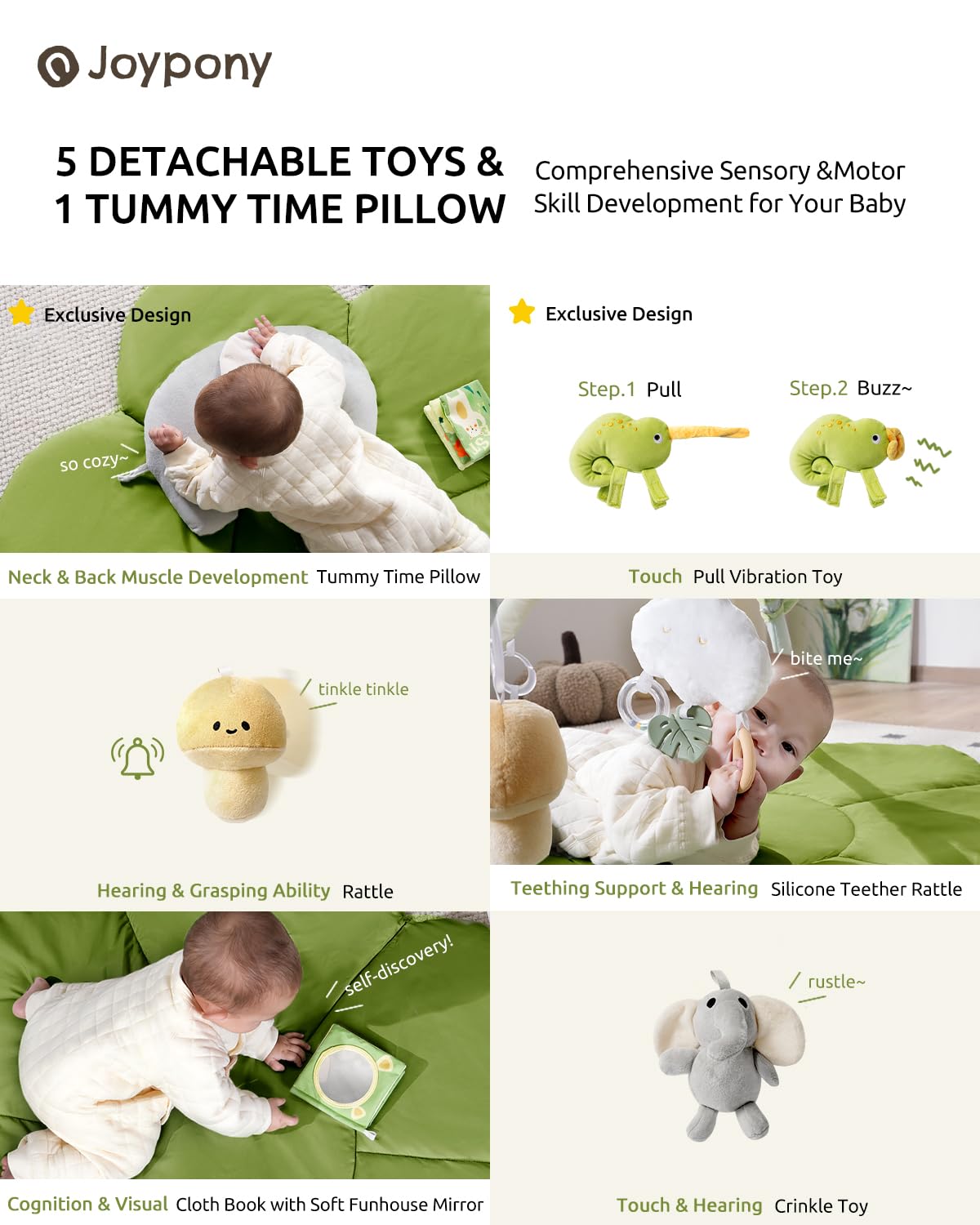 Joypony Baby Play Gyms Mat, Larger Tummy Time Mat With Pillow, Mirror & 5 Sensory Toys, Activity Mat For Babies 0-18 Months, Eas