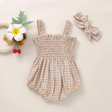 Newborn Baby Girl Bodysuit Sleeveless Halter Frill Romper One-Piece Jumpsuit With Headband Summer Clothes Set (Khaki, 12-18 Mont