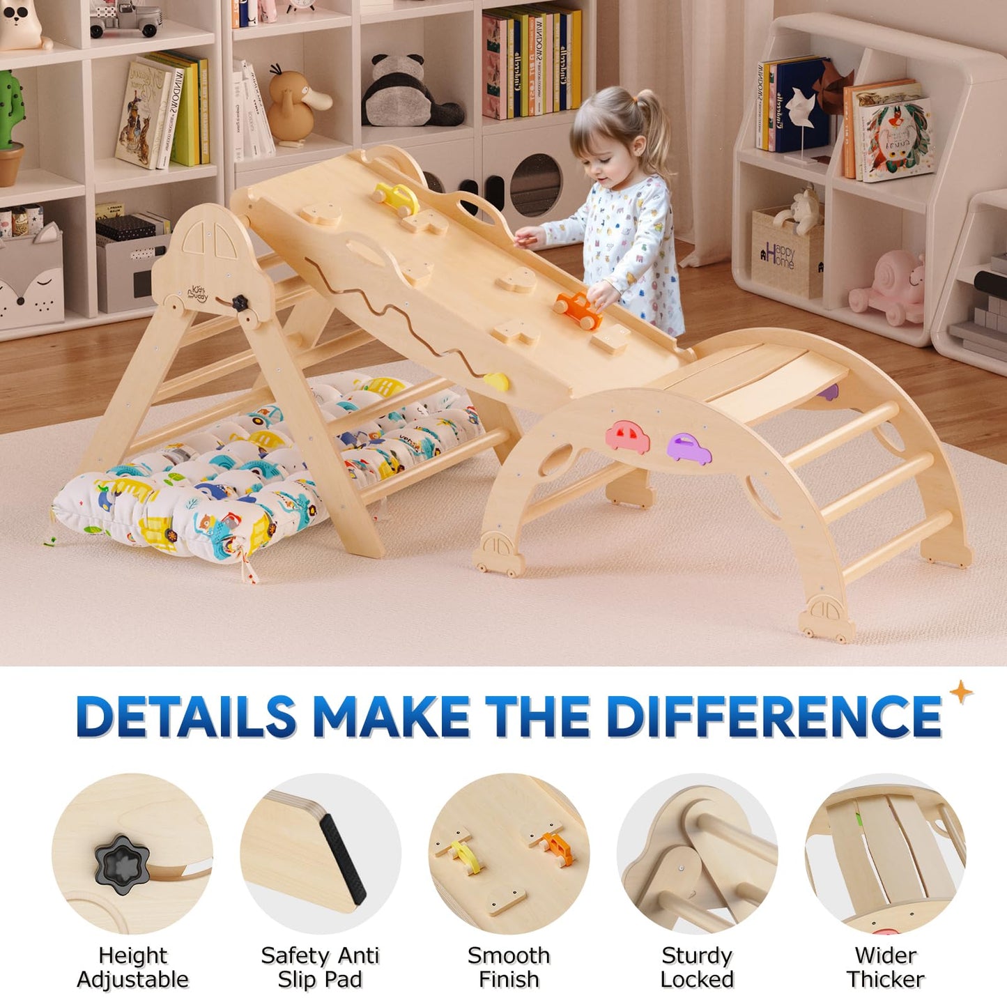 Pikler Triangle Set With Cushion 9 In 1 Foldable Montessori Climbing Toys For Toddlers 1-3 Indoor Wooden Kids Playground Baby Cl