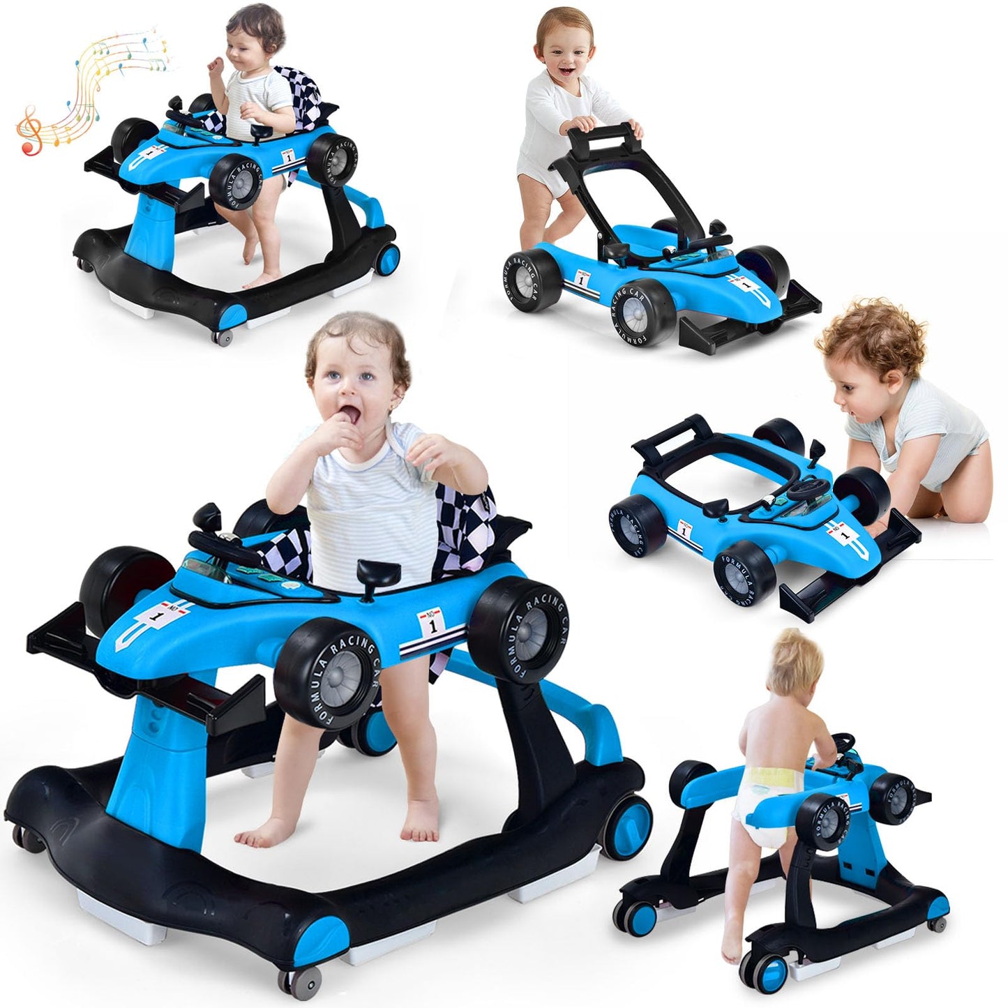 S Afstar 5-In-1 Baby Walker, Foldable Activity Car Walker With Adjustable Height Seat And Speed, Noiseless Smooth Wheels, Music