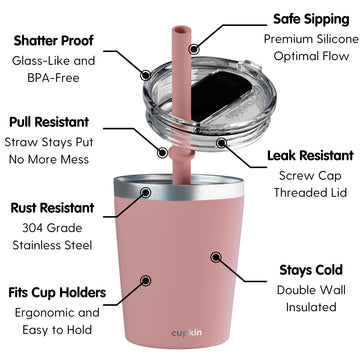 Cupkin Steel Cup, The Original 8 Oz Stackable Stainless Steel Silicone Straw Cup, Set Of 2 Powder Coated Insulated Toddler Cups