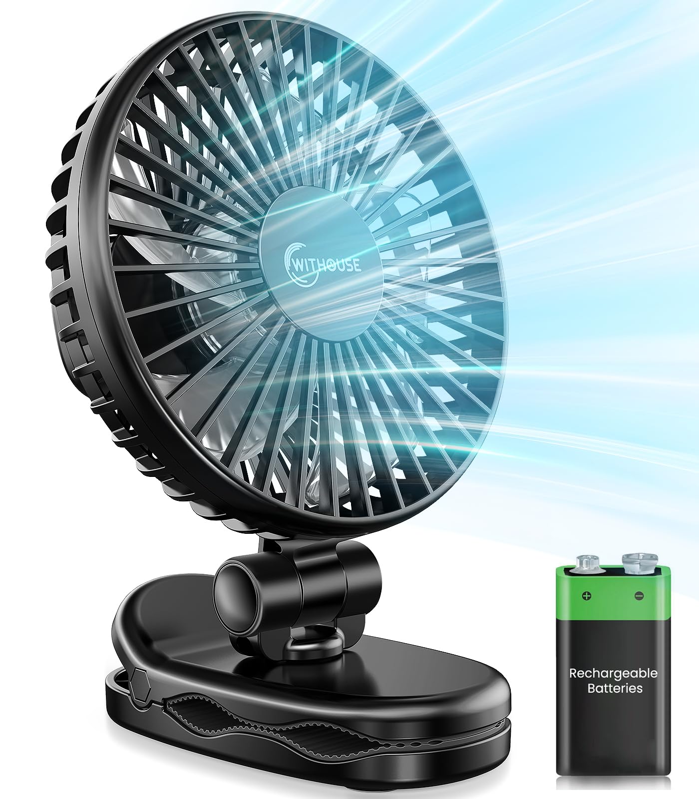 WITHOUSE Portable Clip on Fan - 4000mAh Rechargeable Battery Operated Fan, 3 Speeds Mini Desk Fan with 540 Adjustable Head, Ultr