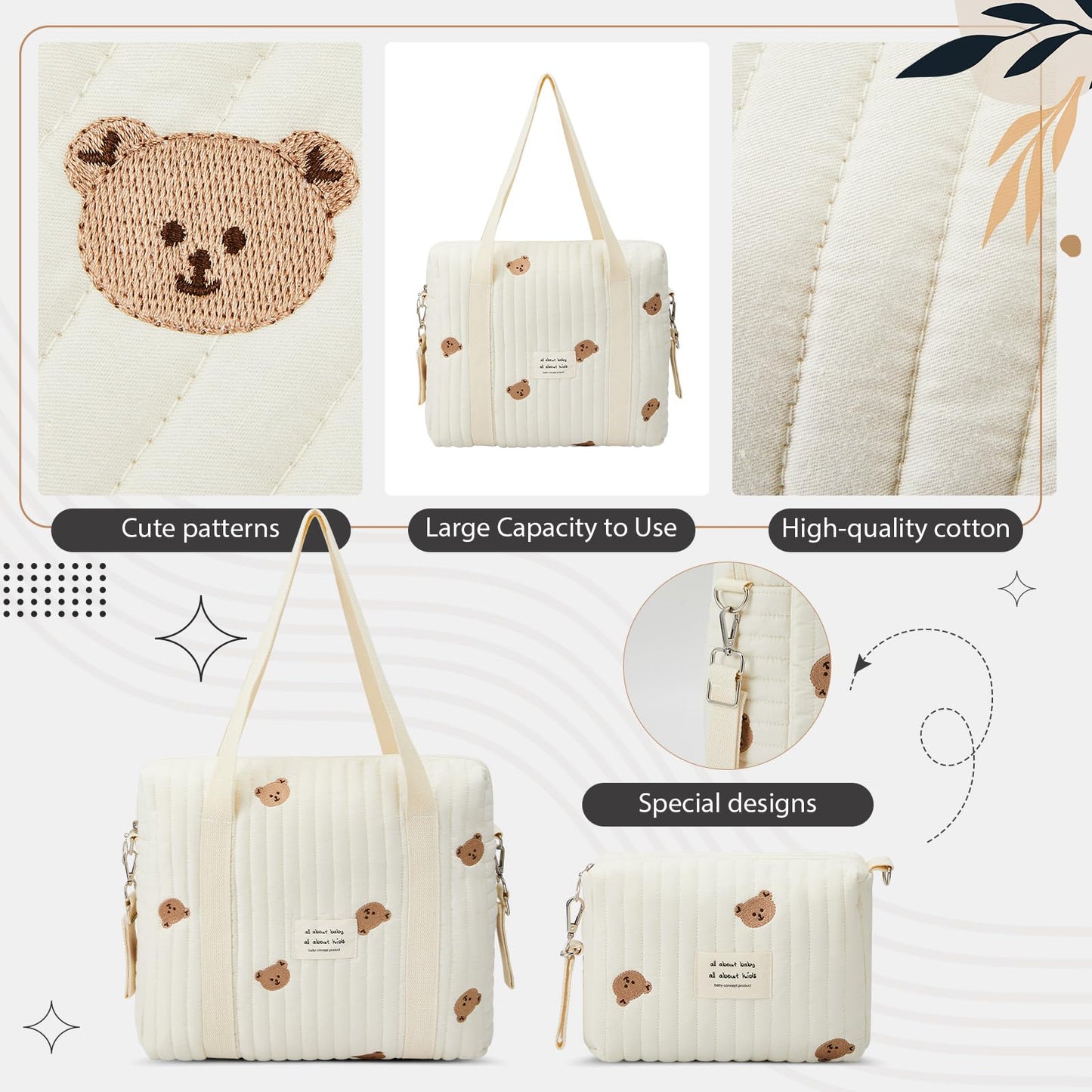 Paterr 2 Pcs Diaper Bag Tote For Women Multifunction Multisize Maternity Bag Quilted Cotton Cute Diaper Bag(Bear)