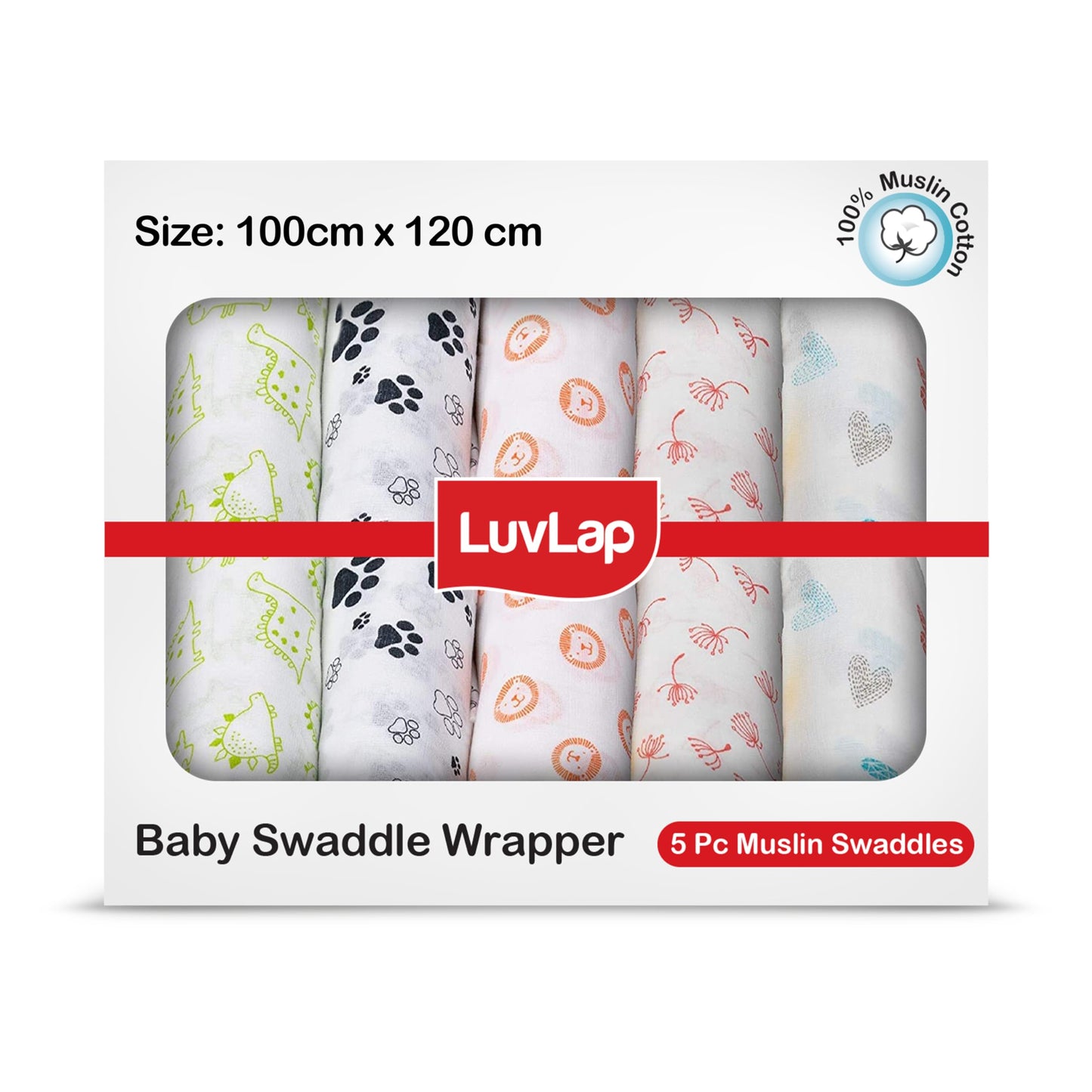 Luvlap 100% Cotton Muslin Baby Swaddle Set, Baby Towel, Size120Cm X 100Cm (47X39), Animals & Floral Printed On White, 018 Mo