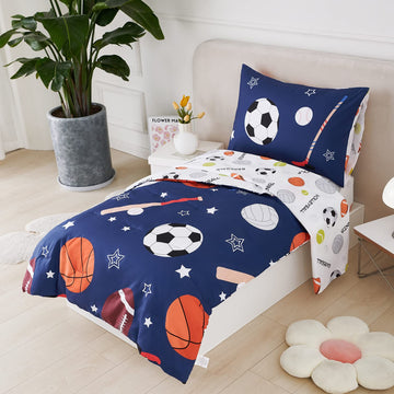 Urbonur 4-Piece Toddler Bedding Set - Ultra Soft Sports Series Basball Football Basketball Boys Toddler Comforter Set Navy - Inc