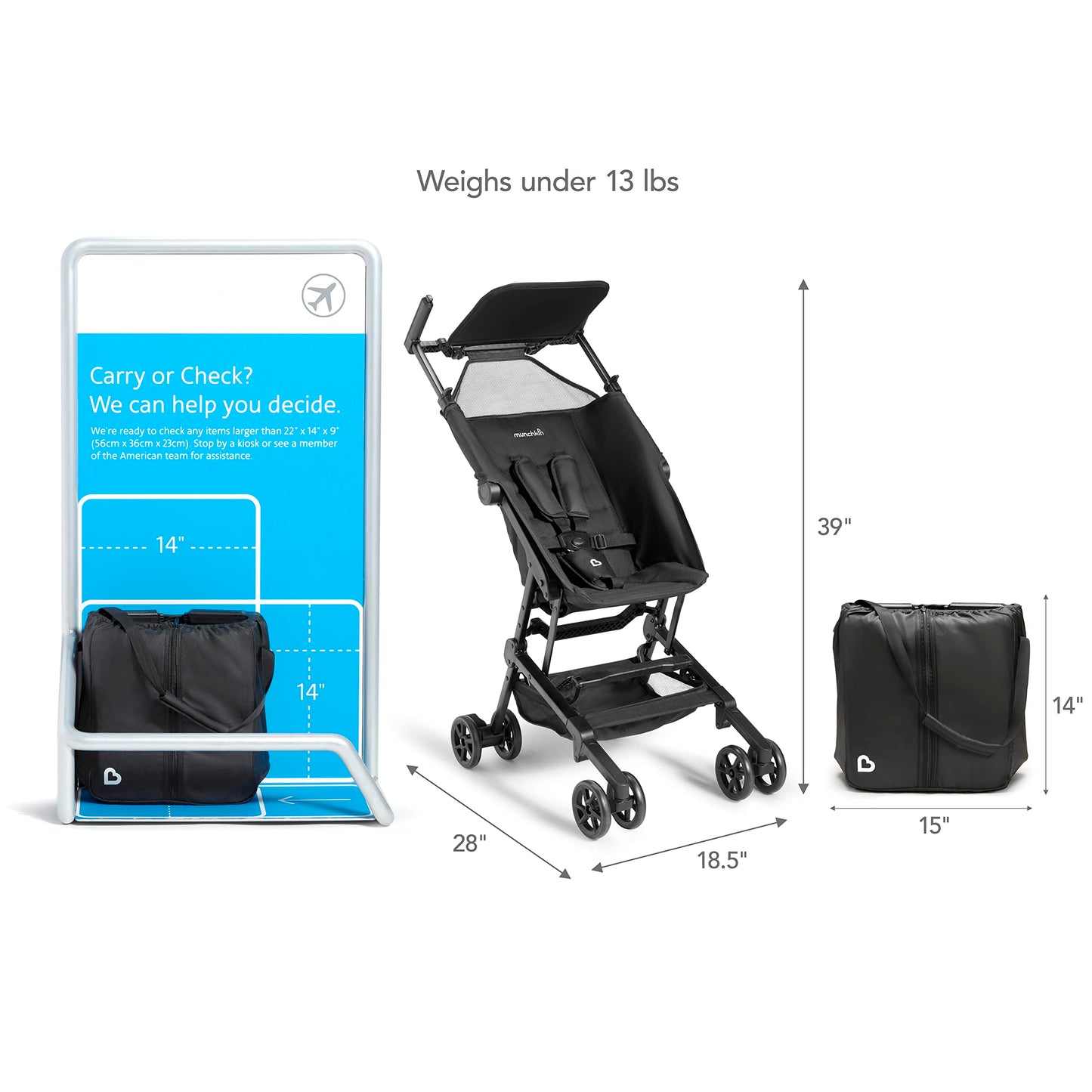 Munchkin Sparrow Travel Baby Stroller, Ultra Compact And Lightweight, For Babies And Toddlers, Black