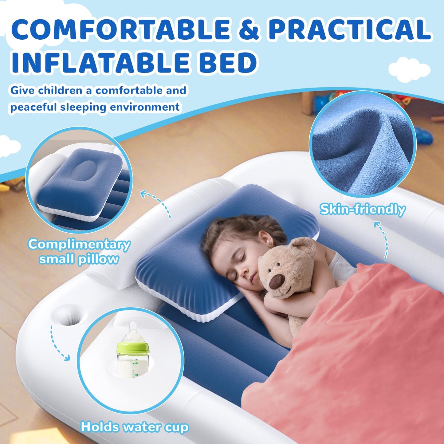 Deeteck Inflatable Toddler Travel Bed - 60 Inches Portable Toddler Bed For Travel With Safety Sides - Cozy Kids Air Mattress Set