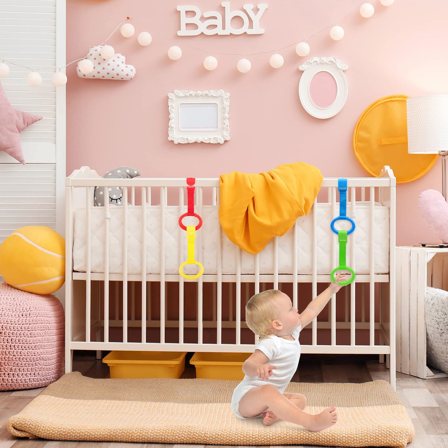 Kalamanda Baby Pull Up Rings, 4 Pcs Baby Pull Up Bar For Playpen,Standing Walker Crib Pull Rings For Toddler Kids Children Walki