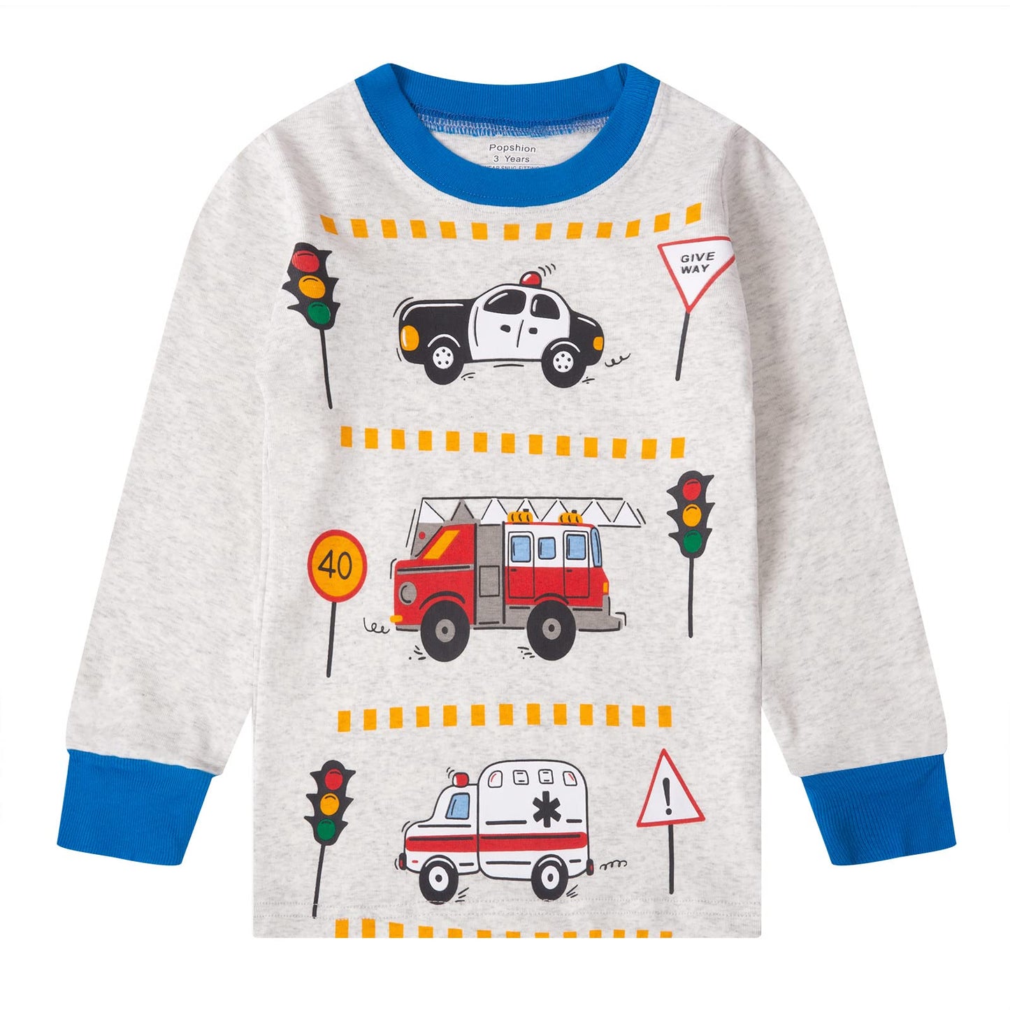 Popshion Boys Pajamas Fire Truck Long Sleeve Cotton Pj Toddler Clothes Set Winter Sleepwear 2 Piece Kids Police Car Pjs 4T