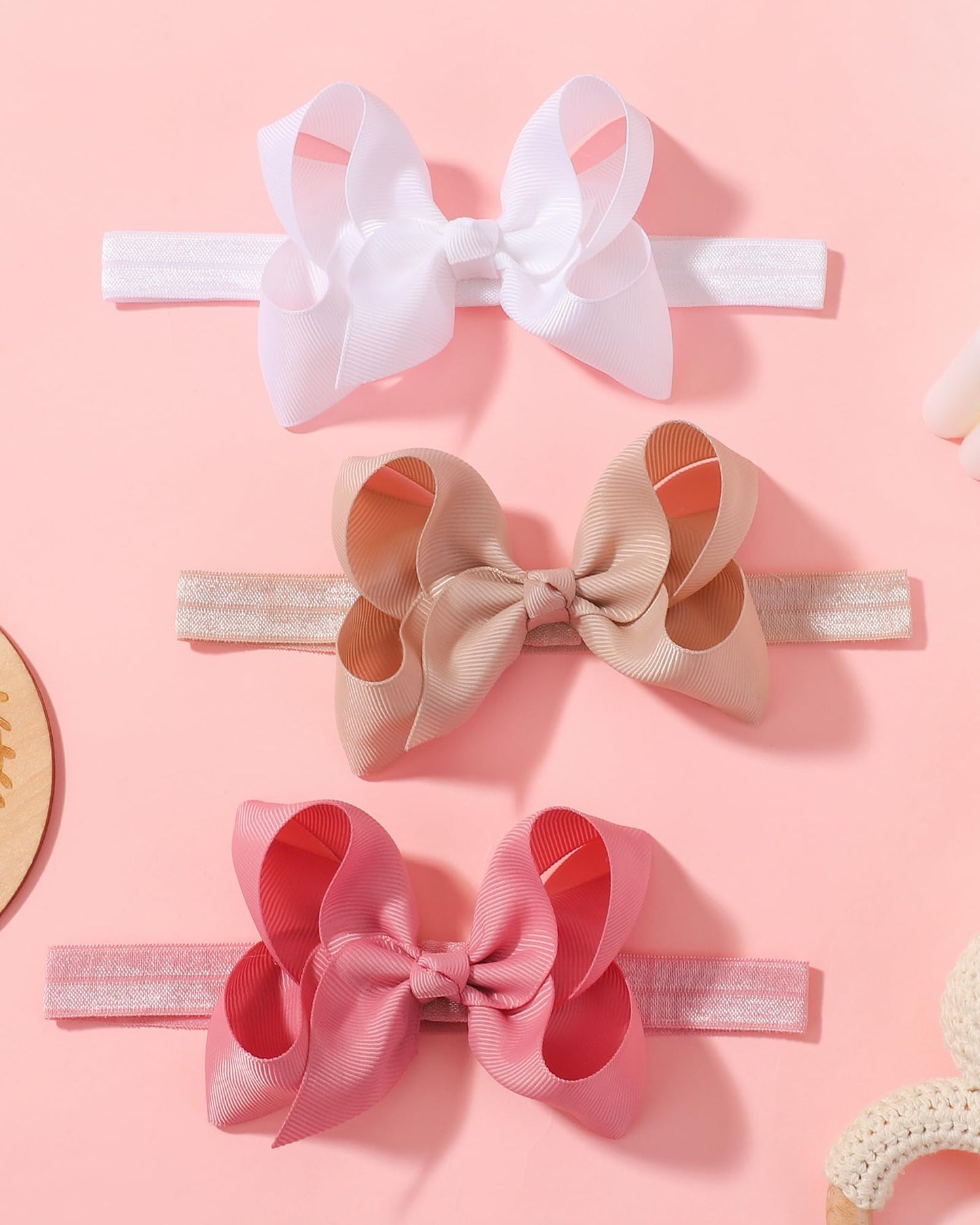 Jollybows Baby Girls Headbands, 3 Pcs 4In Grosgrain Ribbon Hair Bows - White, Cream, Pink, For Baby Girls Infants Toddler Kids T