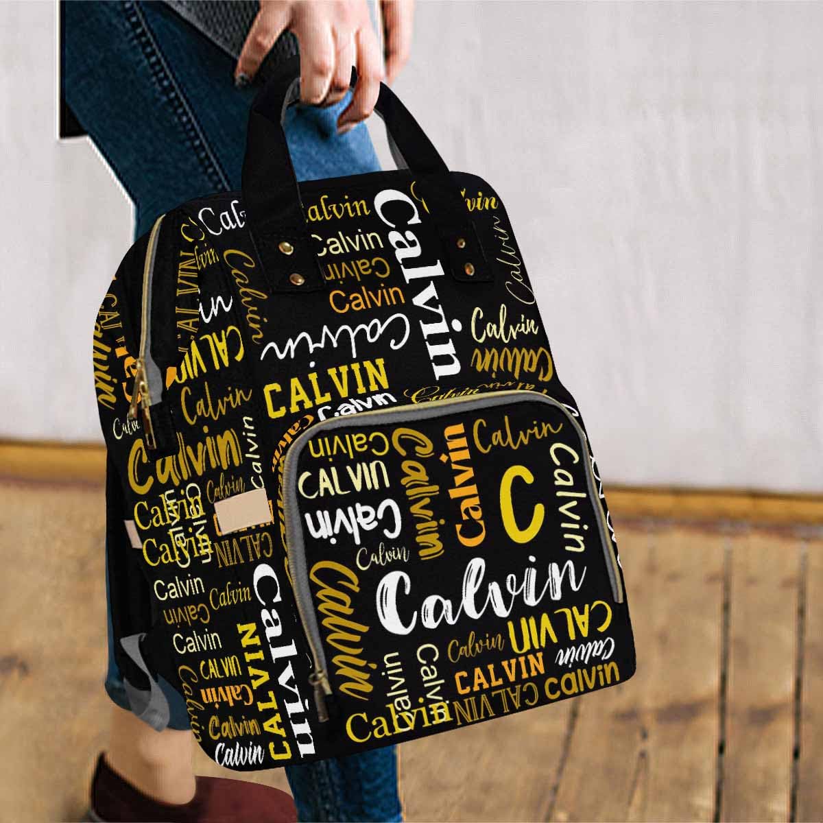 Personalized Diaper Backpack, Custom Black Yellow Text Diaper Bag Baby Nappy Bag Fashion Shoulder Bag Casual Daypack Bag For Mom
