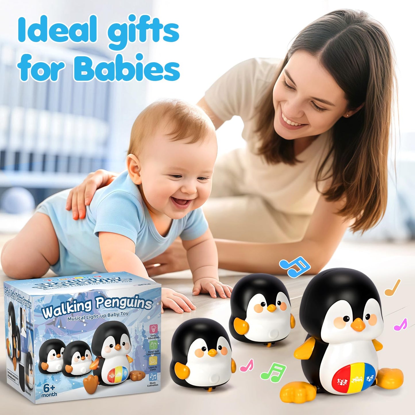 Baby Toys 6-12 Months, Musical Penguins Crawling Infant Toys, Early Learning Toy for Tummy Time with Light & Sound, Birthday Gif