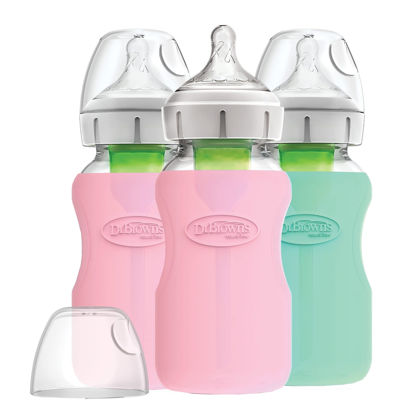 Dr. Brown'S Natural Flow Options+ Glass Baby Bottle Sleeves,100% Silicone,9 Oz,Wide-Neck,Mint