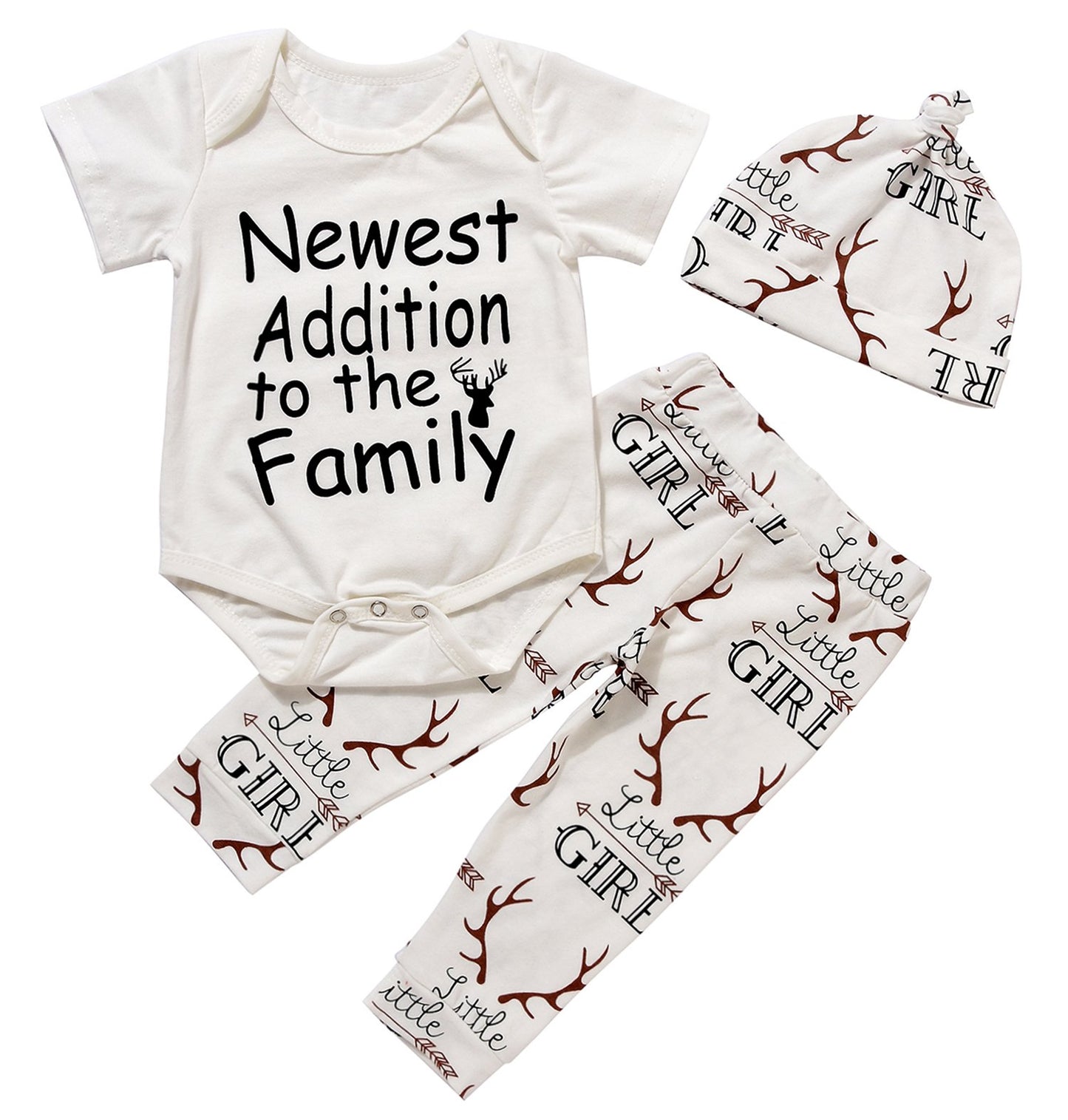 Newborn Suit For Baby Shower Deer Print Long Sleeve Romper+Long Pants+Hat (0-3months, Girl),3M