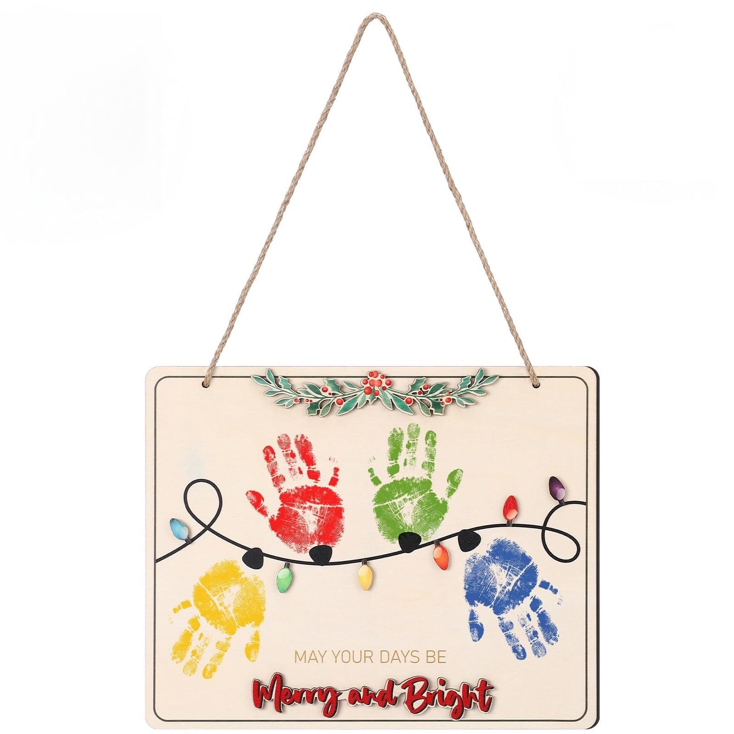 Thyle Handprint Christmas Lights, Babys First DIY Christmas Handprint Ornament Wooden Mistletoe Craft Xmas Rustic Hanging Sign
