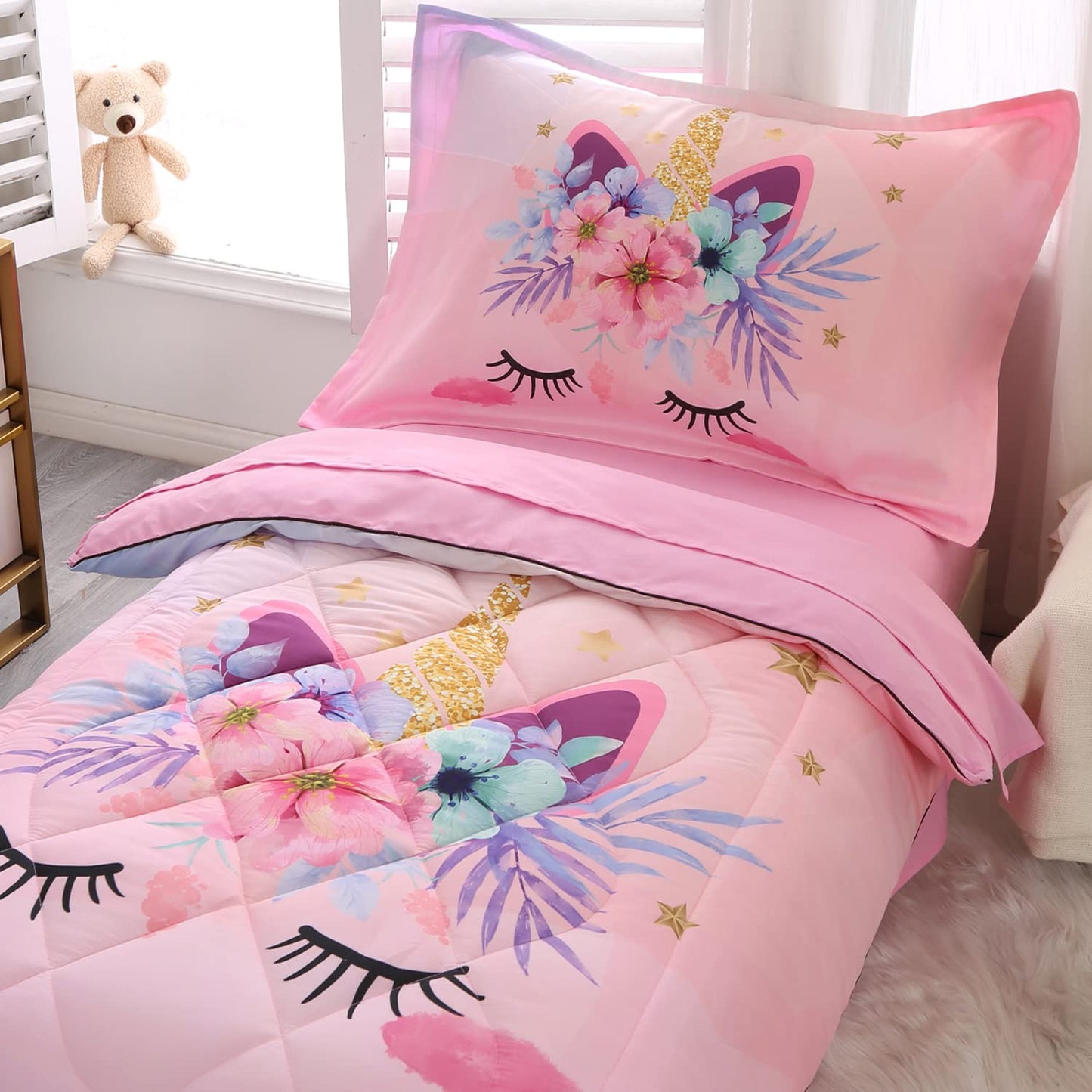 Toddler Bedding Set For Girls 4 Piece Pink Cartoon Unicorn Toddler Comforter Set For Baby Kids Crib Toddler Bed Sheet Set Bed-In