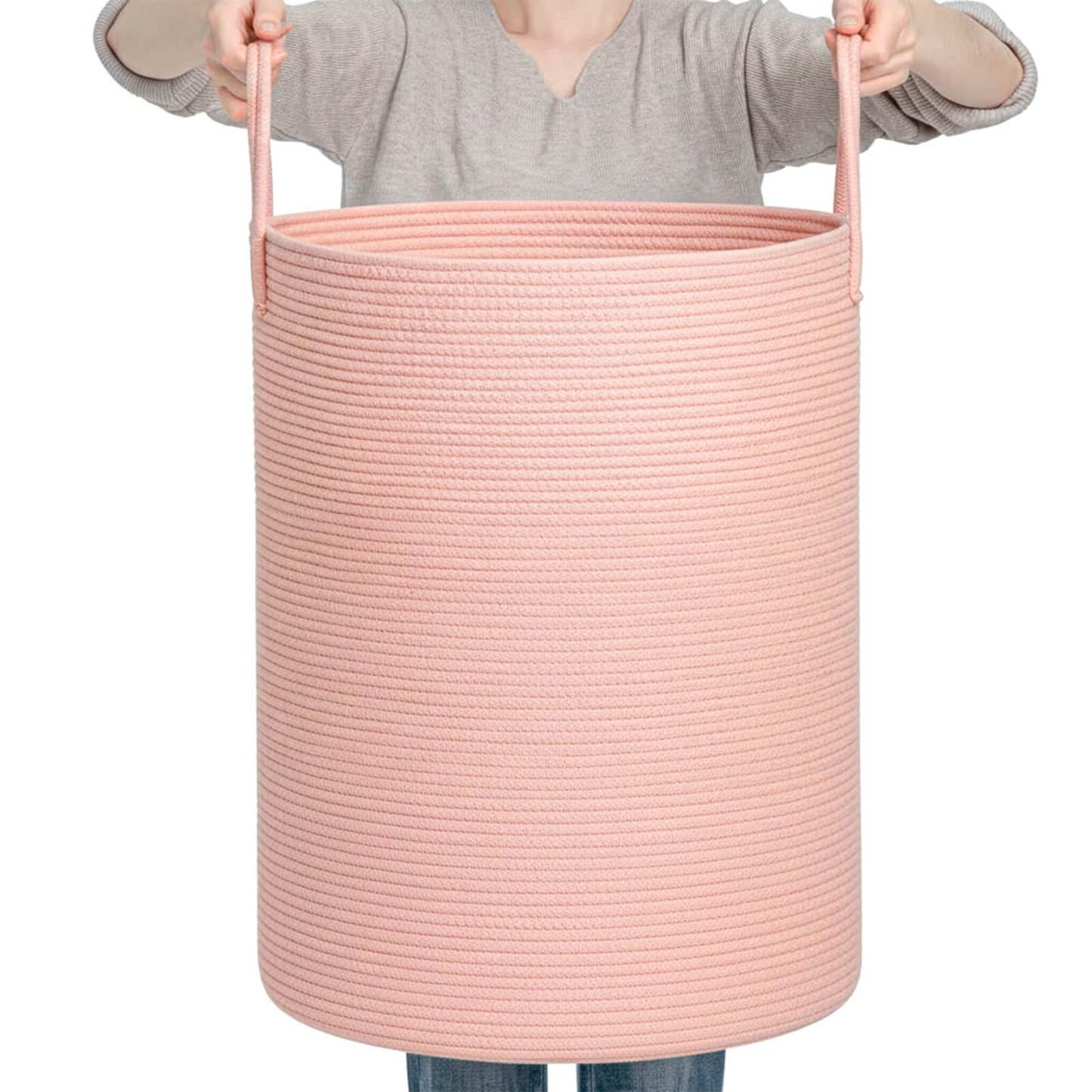 CLHMILY&Z Laundry Hamper Round Storage Rope Basket in Living Room, Bedroom, Laundry Room for Toy, Clothes, Blanket, Pillow (Pink