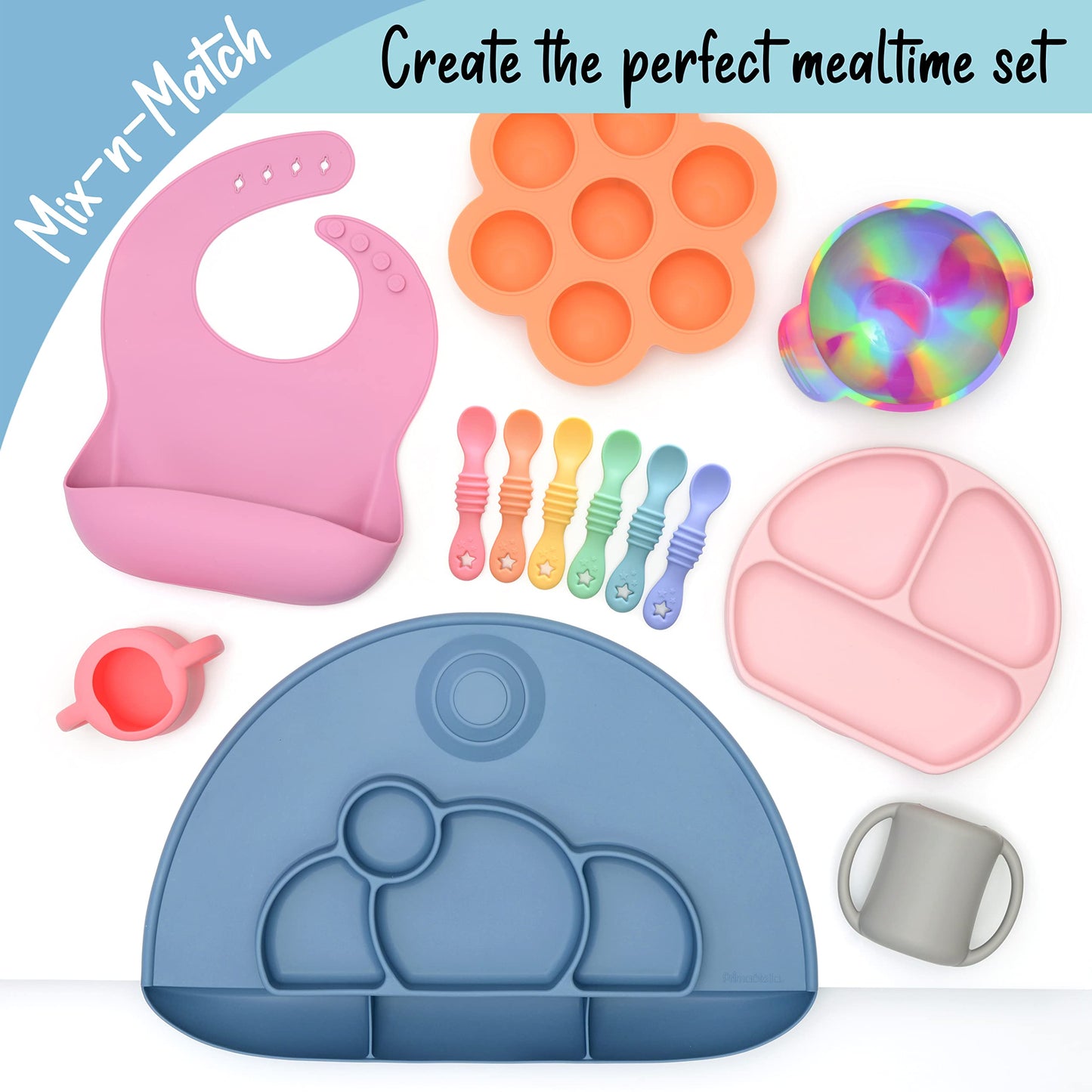 Primastella Unbreakable Silicone Non-Slip Bowl And Chew Spoon Set For Babies And Toddlers (Periwinkle)