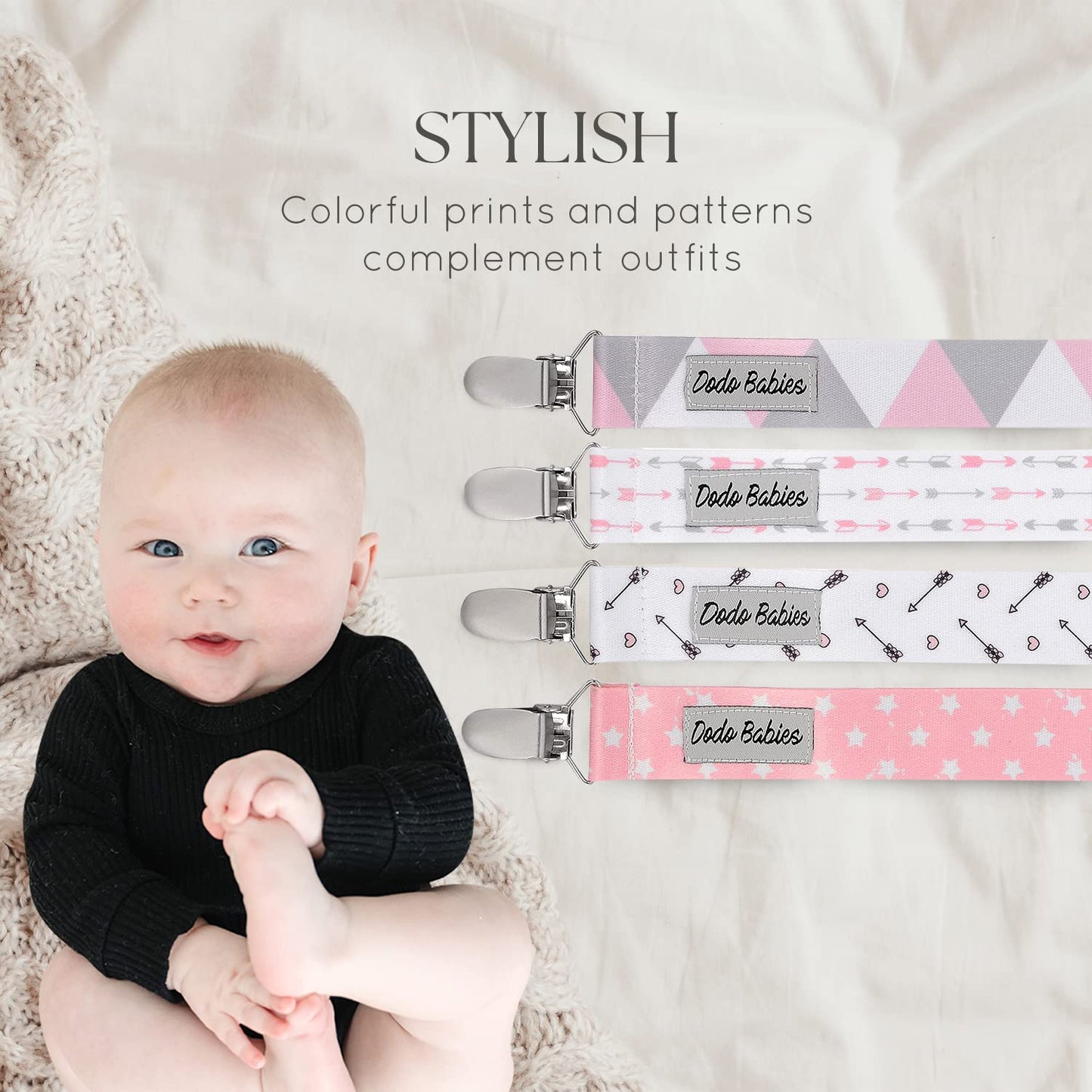 Dodo Babies Pacifier Clip Set - Four Clips Plus Binky Case - Universal Holder Fits Most Paci Brands, Teethers And Car Seats - Pi