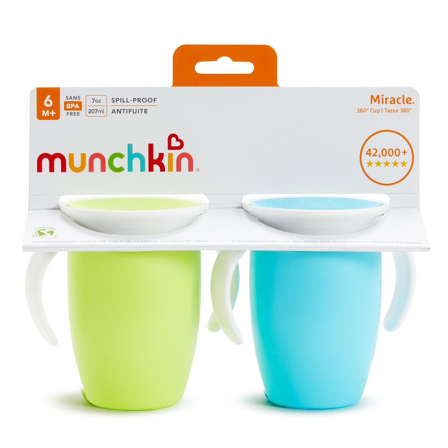 Munchkin Miracle 360 Trainer Sippy Cup With Handles, Spill Proof, 7 Ounce, 2 Pack, Green/Blue