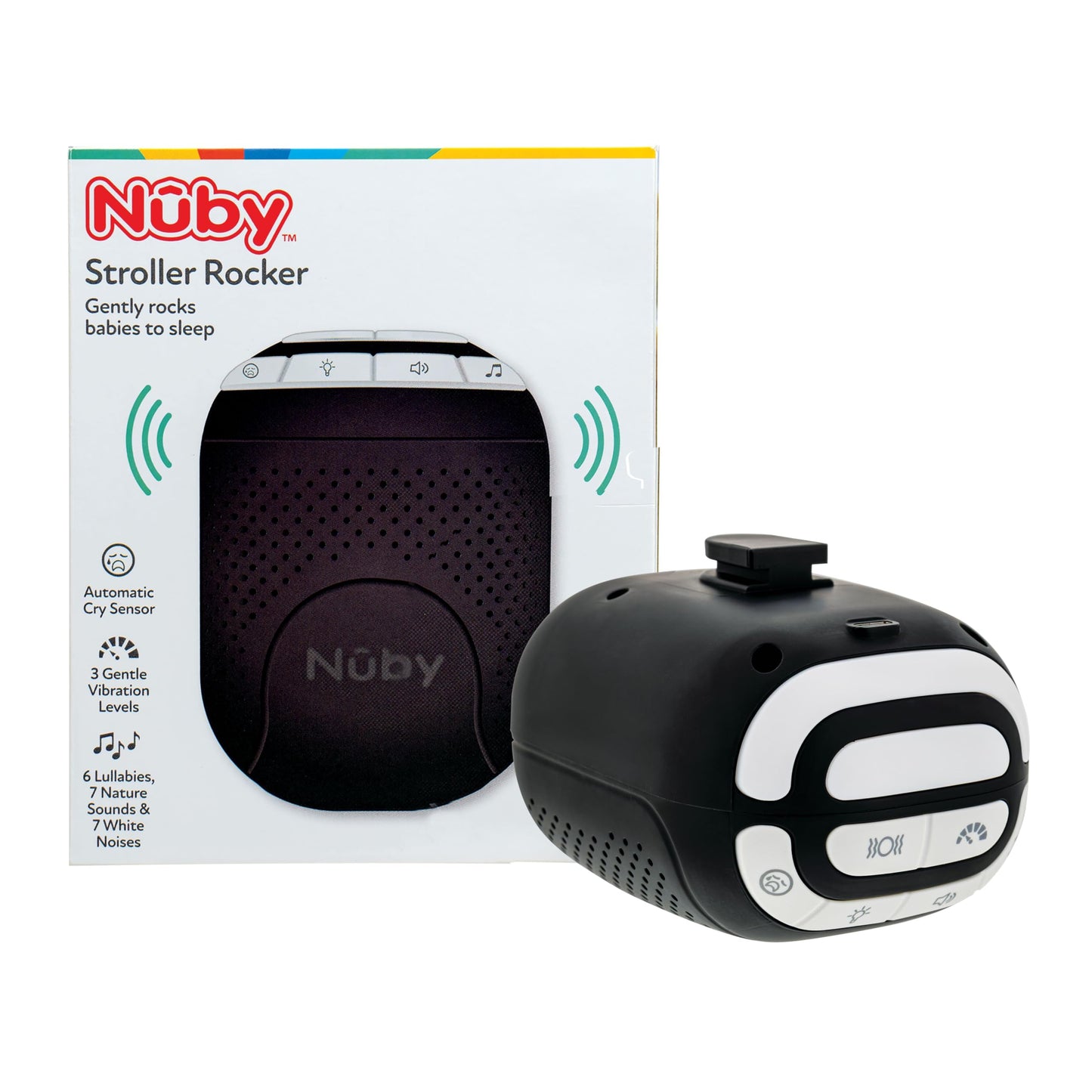 Nuby Stroller Rocker & Sound Machine for Babies - Portable Soother with 3 Vibration Speeds - USB-C Rechargeable - Attaches to St