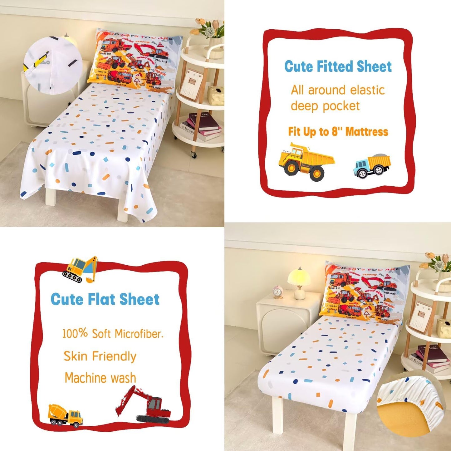 4 Piece Toddler Bedding Set For Boys,Cars Construction Toddler Bed Comforter Set Includes Comforter,Flat Sheet,Fitted Sheet And