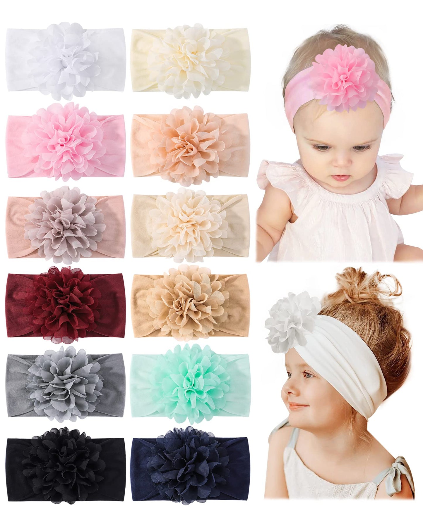 jollybows 12pcs Baby Girls Headband Newborn Big Chiffon Flower Head Wraps Infant Soft Nylon Hair Accessories For Toddler Kids Te