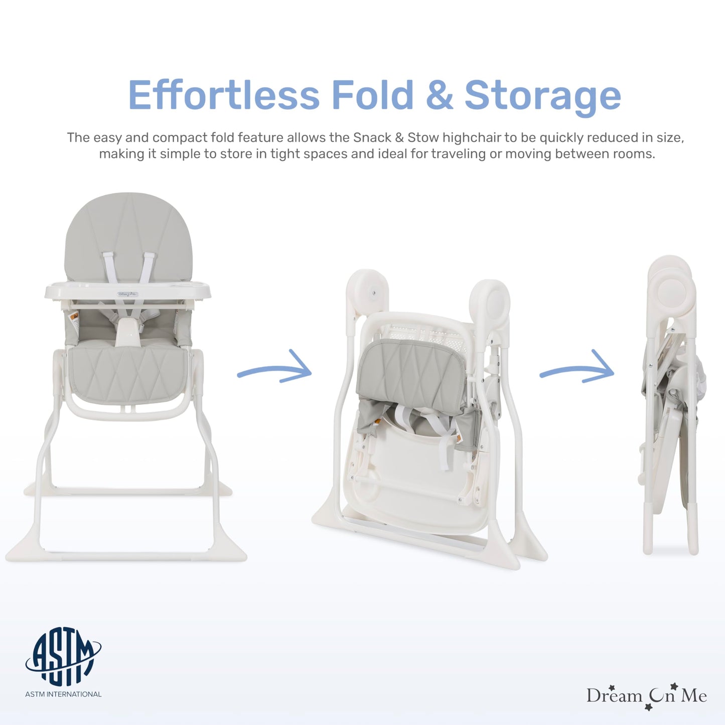Dream On Me Snack And Stow Baby High Chair In Koala Gray, Easy To Fold And Store Travel High Chair, Removable And Three Position