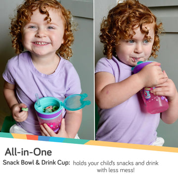Nuby All In One Snack Bowl And No Spill Soft Straw Cup - 2 Pack Pink Butterflies & Aqua Fruits - Snack N' Sip, Holds: 4.5 Oz Con